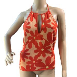 Madden NYC Orange Red Floral Pattern Keyhole Front 70's Sleeveless Halter Top XL